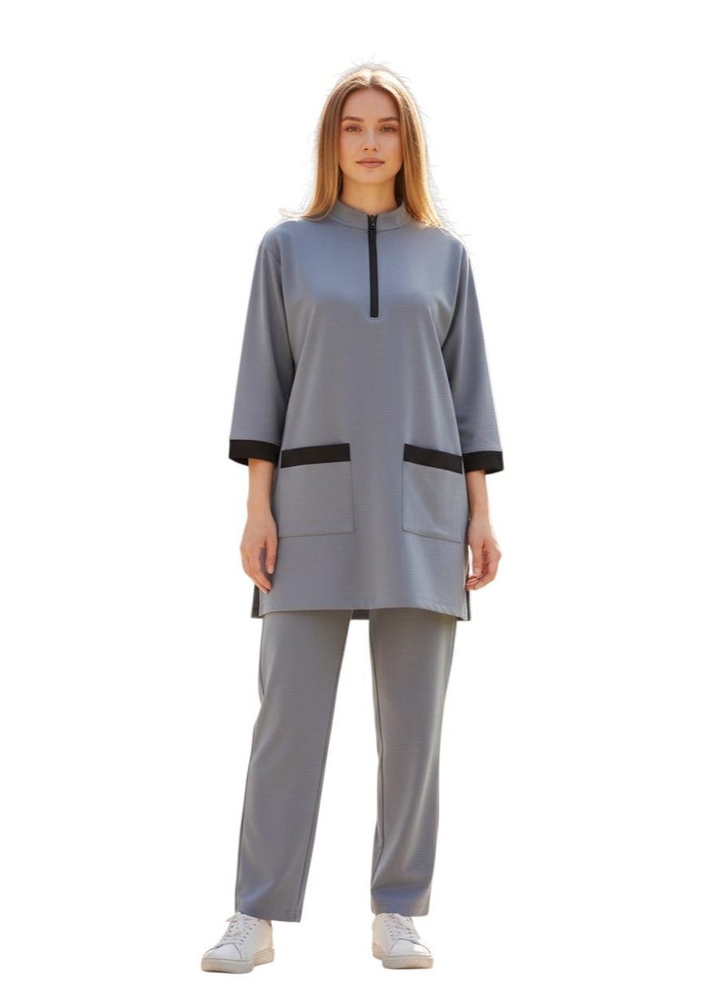 Dee's Fashion Women's Housemaid Uniform Set with Tunic Top and Matching Trousers, Quarter Sleeve, Mandarin Collar with Half Zip, Contrast Trim Pockets - Image 2